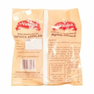 Sri Varaha Tapioca Appalam 200g packet with ingredients list and barcode visible.