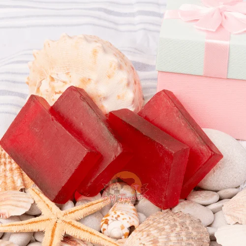 Red Wine Soap Bars From Dm Traders Organic Store Arranged With Seashells And A Gift Box.