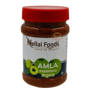 Jar of Nellai Foods Amla Pickle with a red cap, labelled in English and Tamil.