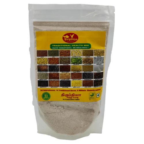 Package Of Thripthiya Traditional Health Mix With An Image Grid Of Various Ingredients, Displayed In A Transparent, Resealable Pouch.