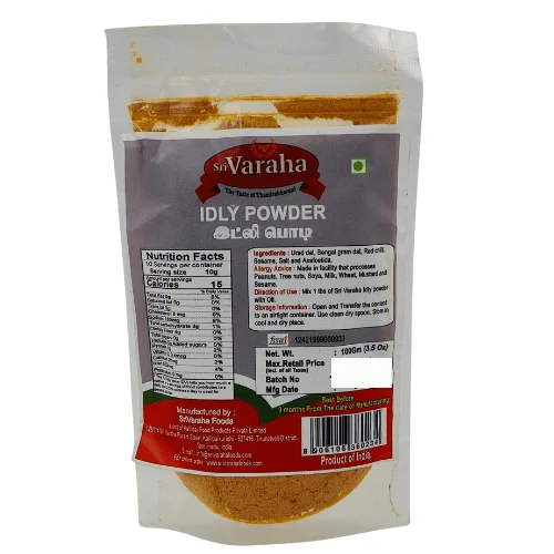 Idly Powder Packet From The Brand &Quot;Sri Varaha&Quot; With Ingredient List, Nutrition Facts, And Product Information.