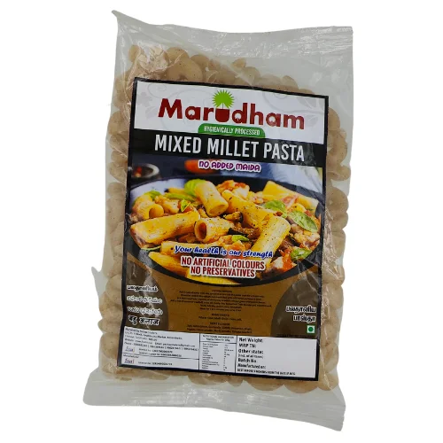 Clear Packet Containing Marudham Mixed Millet Pasta With Labelled Information About Ingredients And Nutritional Content.