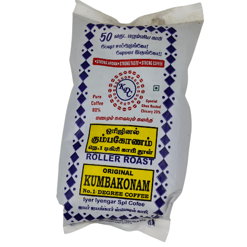 Bag Of Original Kumbakonam Degree Coffee Powder With Tamil And English Text, Indicating It Is 80% Pure Coffee And 20% Chicory.