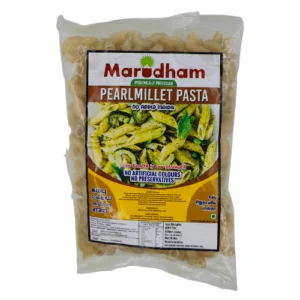 Packaging of Marudham Pearlmillet Pasta with product details and an image of prepared pasta.