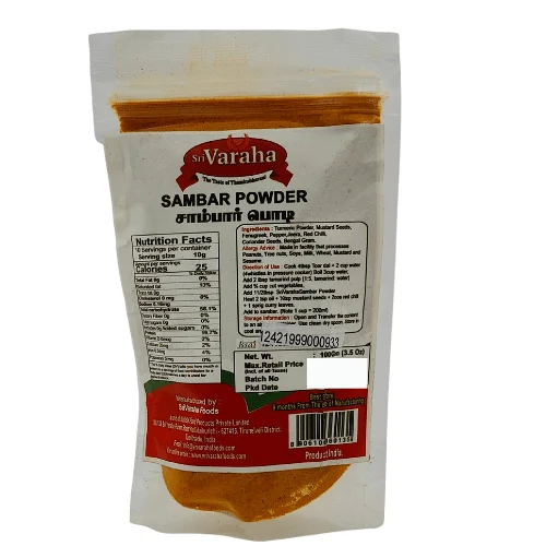 Package Of Sri Varaha Sambar Powder Showing Nutritional Facts And Ingredients.