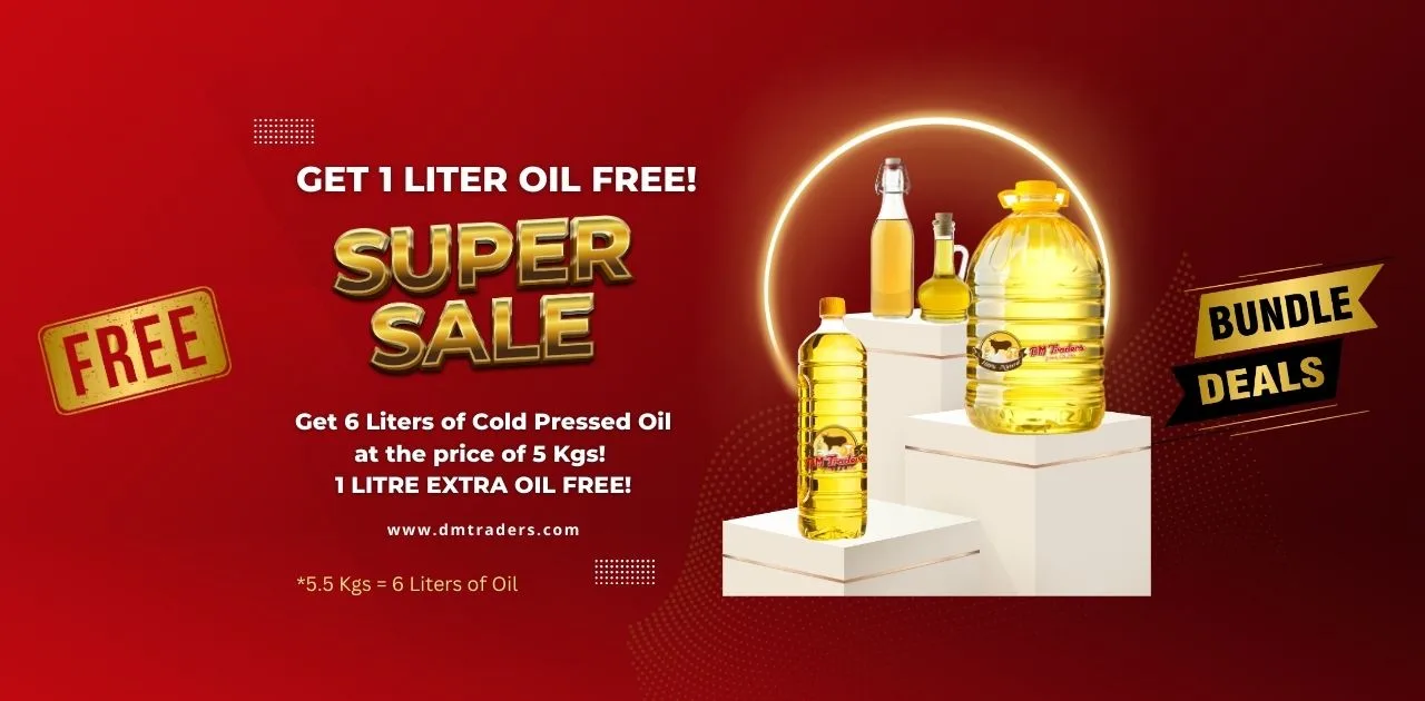 Promotional Poster For Dm Traders In Chennai, Advertising A Super Sale Offering 6 Litres Of Cold Pressed Oil At The Price Of 5Kgs With 1 Litre Extra For Free, Featuring Images Of Various Oil Bottles.