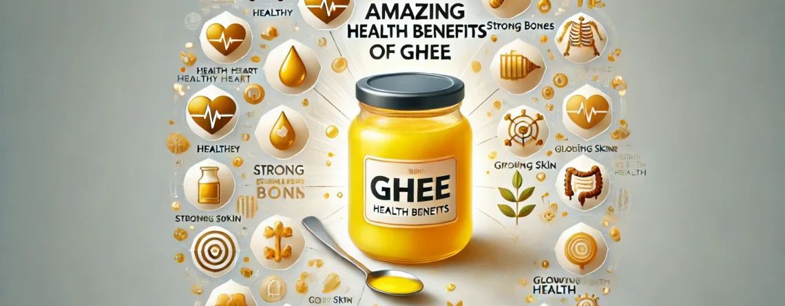 15 Amazing Health Benefits of Ghee. The image features a central focus on a jar of golden-yellow ghee