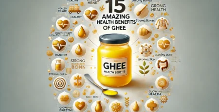 15 Amazing Health Benefits of Ghee. The image features a central focus on a jar of golden-yellow ghee