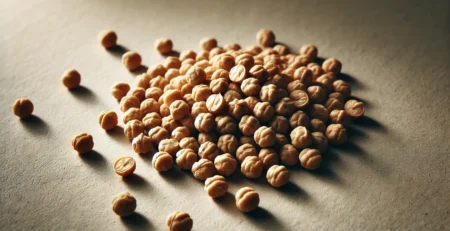 A close-up of a handful of roasted gram (pottukadalai in english) against a simple, neutral background. The roasted grams are small, round