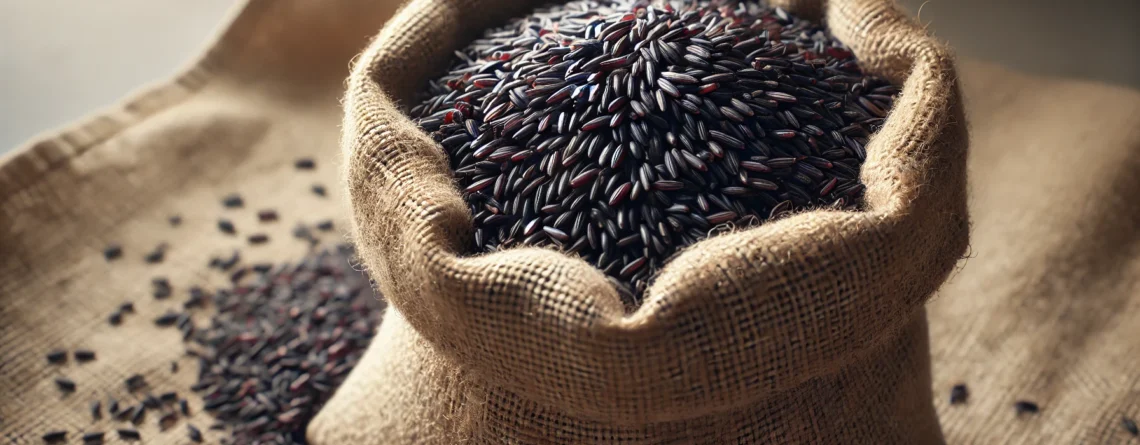 A realistic wide-aspect ratio image of Karuppu Kavuni Rice benefits in a sack bag. The sack is open, revealing the deep black rice grains.