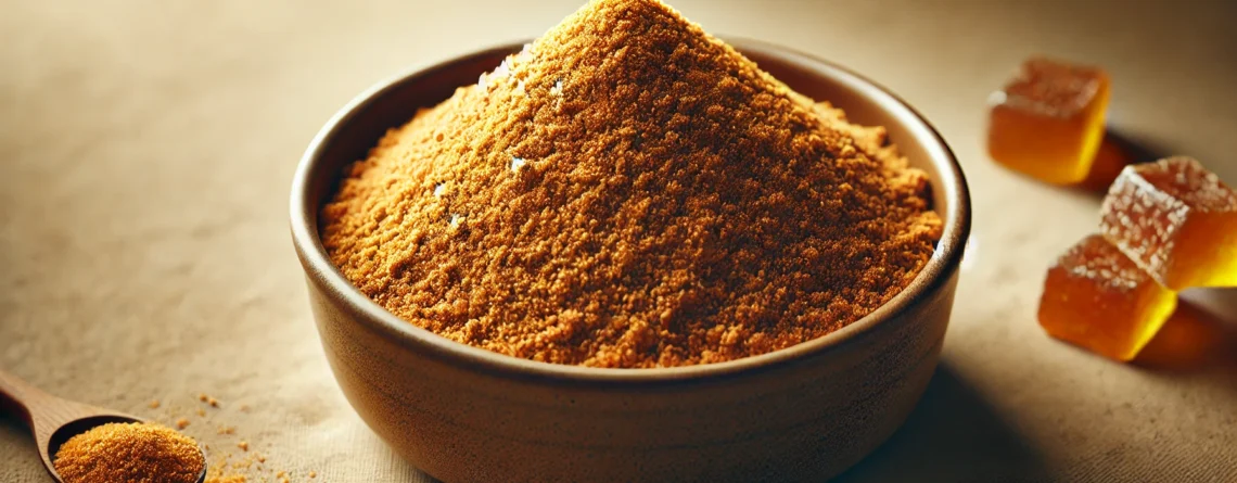 A realistic wide-aspect ratio image of jaggery powder in a bowl. The jaggery powder is golden-brown and finely granulated, filling the bowl.