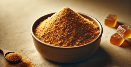 A realistic wide-aspect ratio image of jaggery powder in a bowl. The jaggery powder is golden-brown and finely granulated, filling the bowl.