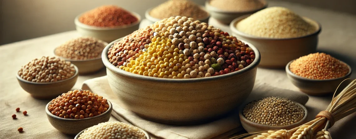 A realistic wide-aspect ratio image of various unpolished millets in a bowl. The bowl contains an assortment of different millets