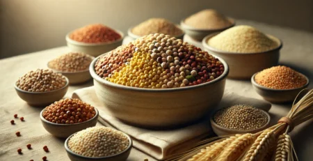 A realistic wide-aspect ratio image of various unpolished millets in a bowl. The bowl contains an assortment of different millets