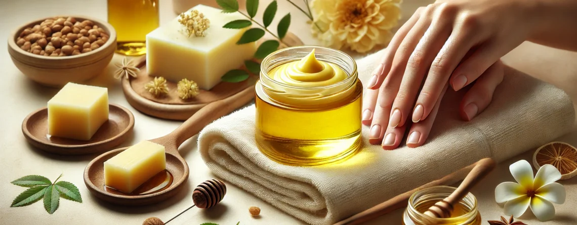 A realistic wide-aspect ratio image showing ghee for skin care.