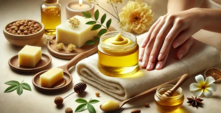 A realistic wide-aspect ratio image showing ghee for skin care.