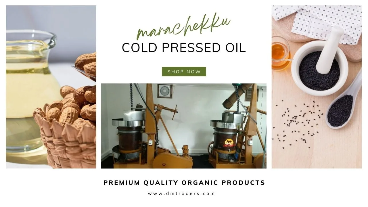 Marachekku Cold Pressed Oil Advertisement Featuring A Basket Of Peanuts, Oil Extractors, And Black Sesame Seeds With A Mortar And Pestle. Text Reads &Quot;Shop Now&Quot; And &Quot;Premium Quality Organic Products.&Quot;