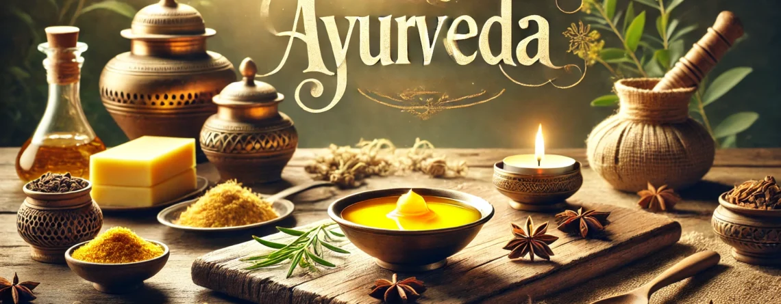 Ghee in Ayurveda prominently displayed. The image features a serene, natural setting with a small bowl