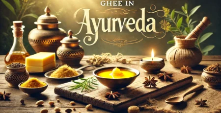 Ghee in Ayurveda prominently displayed. The image features a serene, natural setting with a small bowl