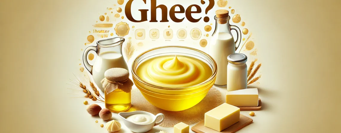 image representing 'What is Ghee.' The image features a jar or bowl of golden-yellow ghee in the center, with its smooth, cream