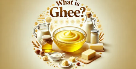 image representing 'What is Ghee.' The image features a jar or bowl of golden-yellow ghee in the center, with its smooth, cream