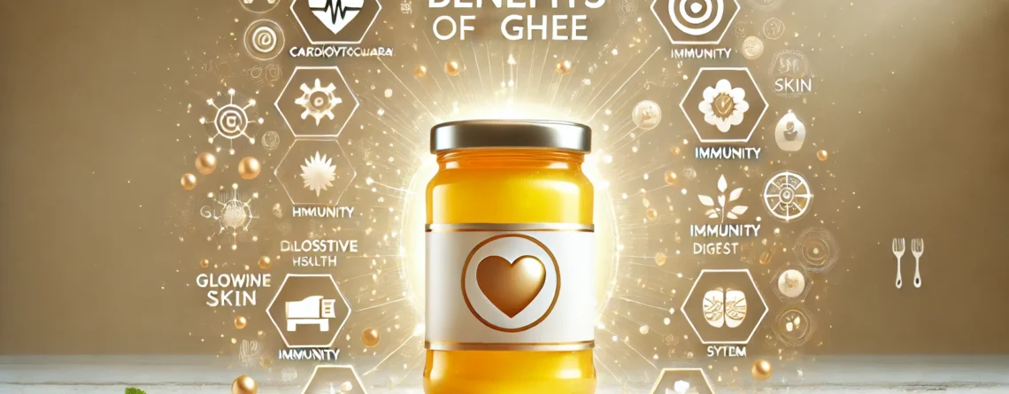 the 'Health Benefits of Ghee.' The image features a jar of golden-yellow ghee in the center