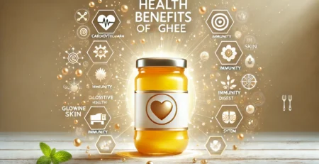 the 'Health Benefits of Ghee.' The image features a jar of golden-yellow ghee in the center