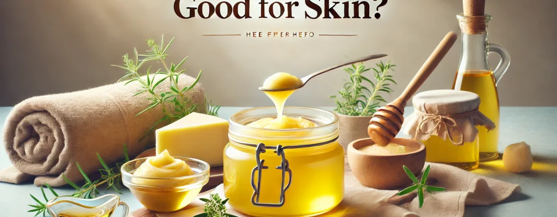 Is Ghee Good for Skin. The image features a jar of golden-yellow ghee placed alongside natural