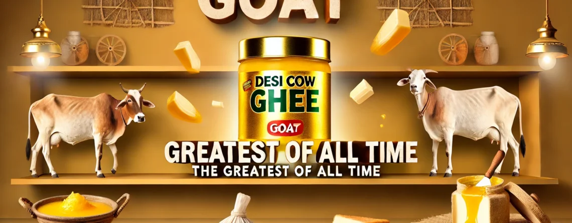 Desi Cow Ghee jar surrounded by cows, ghee, butter, and traditional kitchen items, with the words "GOAT THE GREATEST OF ALL TIME" above and below it.