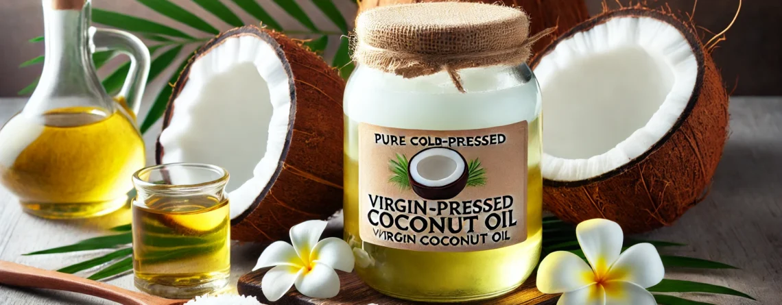 Pure cold-pressed virgin coconut oil in glass jar surrounded by fresh coconuts for health and beauty.