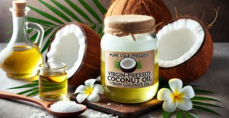 Pure cold-pressed virgin coconut oil in glass jar surrounded by fresh coconuts for health and beauty.