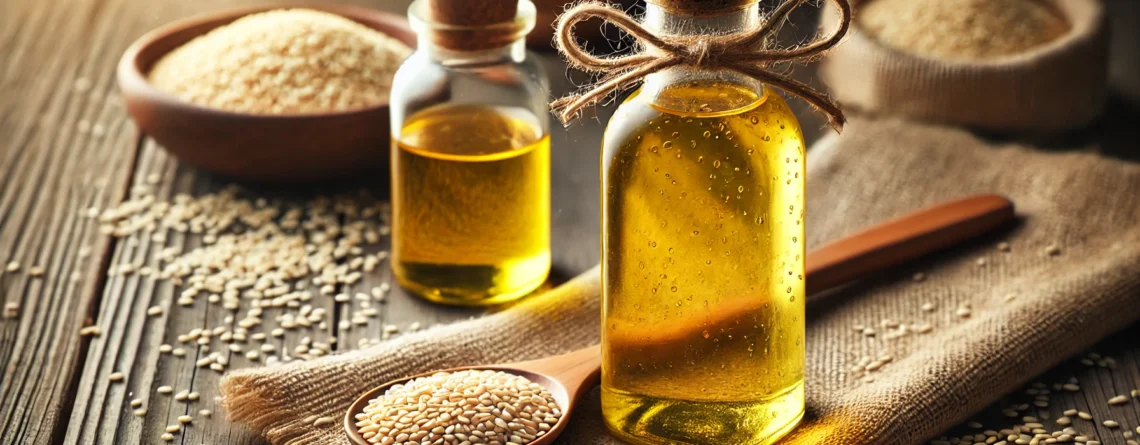 Cold pressed sesame seed oil in a glass bottle surrounded by sesame seeds and a wooden spoon