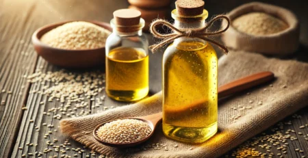 Cold pressed sesame seed oil in a glass bottle surrounded by sesame seeds and a wooden spoon