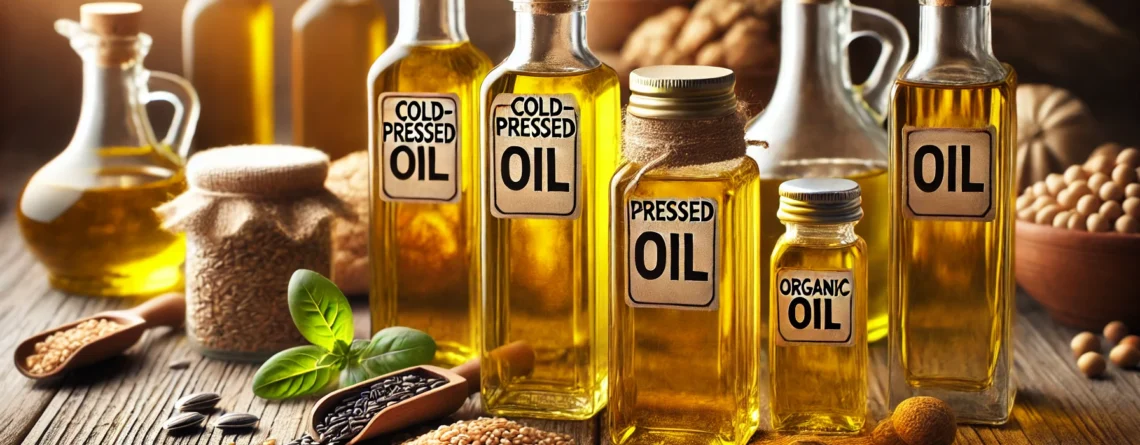 Bottles of cold pressed vs wood pressed oil, and organic oil placed on a wooden table with fresh seeds.