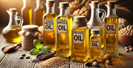 Bottles of cold pressed vs wood pressed oil, and organic oil placed on a wooden table with fresh seeds.