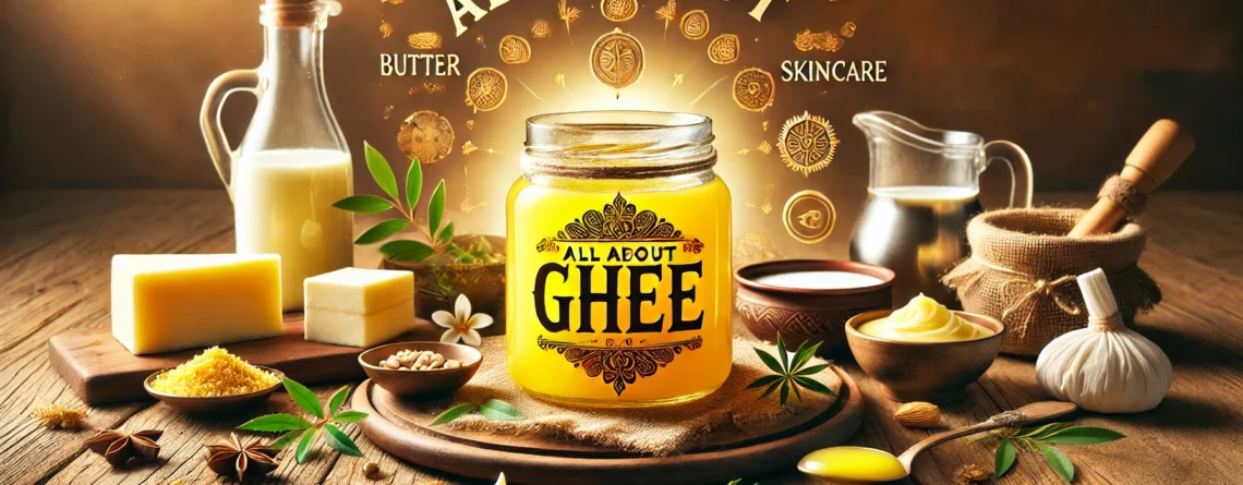 A jar labeled "All About Ghee" surrounded by butter, milk, a spoon with ghee, various spices, and skincare items on a wooden table. The background reads "All About Butter Skincare."