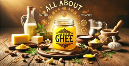 A jar labeled "All About Ghee" surrounded by butter, milk, a spoon with ghee, various spices, and skincare items on a wooden table. The background reads "All About Butter Skincare."