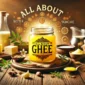 A jar labeled "All About Ghee" surrounded by butter, milk, a spoon with ghee, various spices, and skincare items on a wooden table. The background reads "All About Butter Skincare."